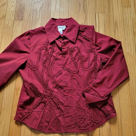 Coldwater Creek Womens PL Maroon Button-Up Shirt With Ruffle Design Cotton & Pol - Picture 3 of 4